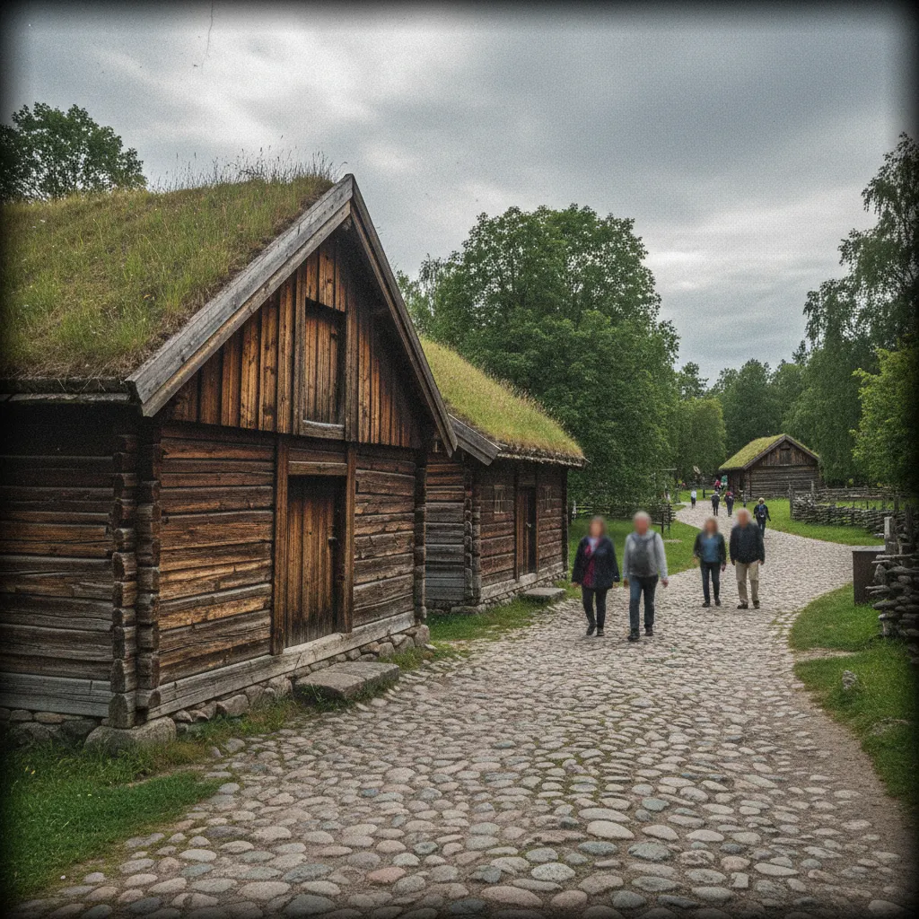 Historische Holzhäuser und Stabkirche im Freilichtmuseum Norsk Folkemuseum auf Bygdøy