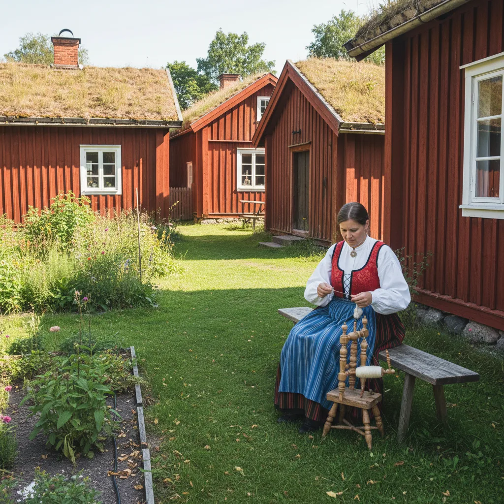 Historisches rotes Holzhaus im Freilichtmuseum Skansen mit Besuchern und Sommergarten
