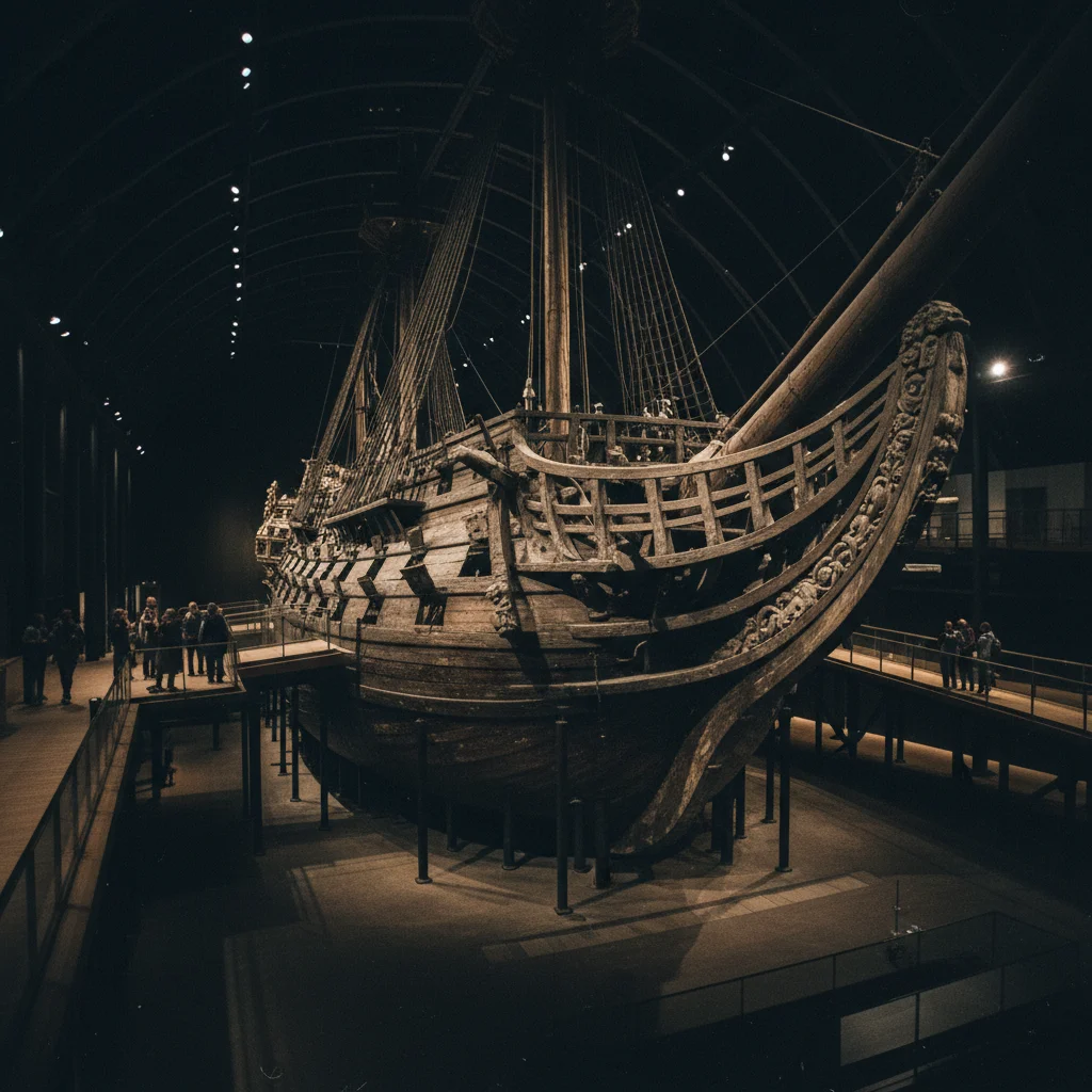 Das Vasa-Kriegsschiff im Vasamuseum Stockholm, massive Holzkonstruktion in der abgedunkelten Museumshalle