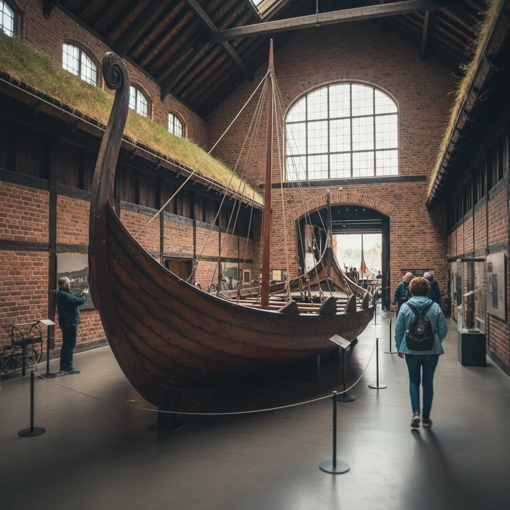 Wikingerschiff aus Holz in der großen Ausstellungshalle des Vikingskipshuset in Oslo