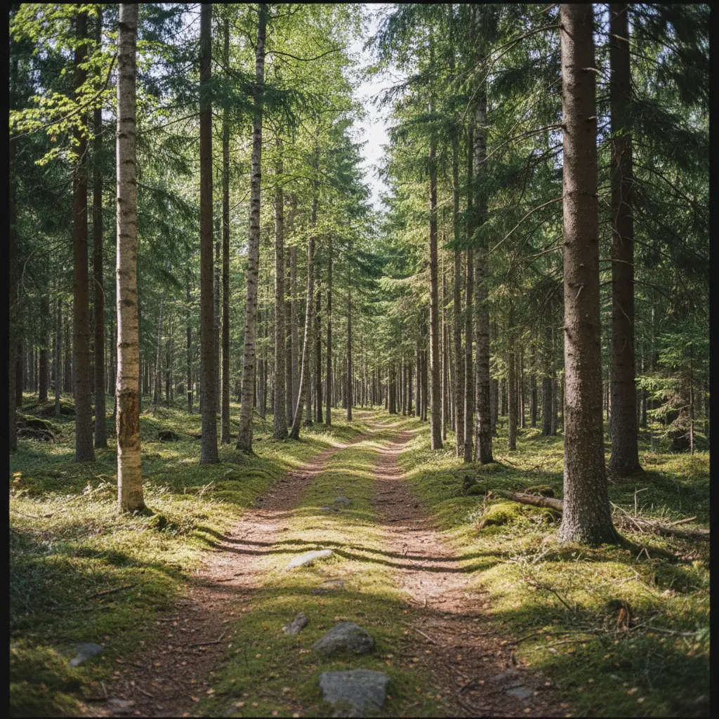 Mystischer finnischer Wald mit Nebel und moosbedeckten Felsen