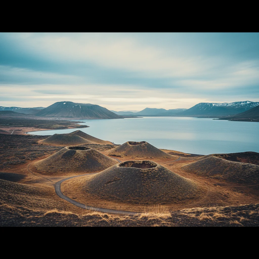 Panoramablick über den Mývatn-See mit Pseudokratern im Vordergrund