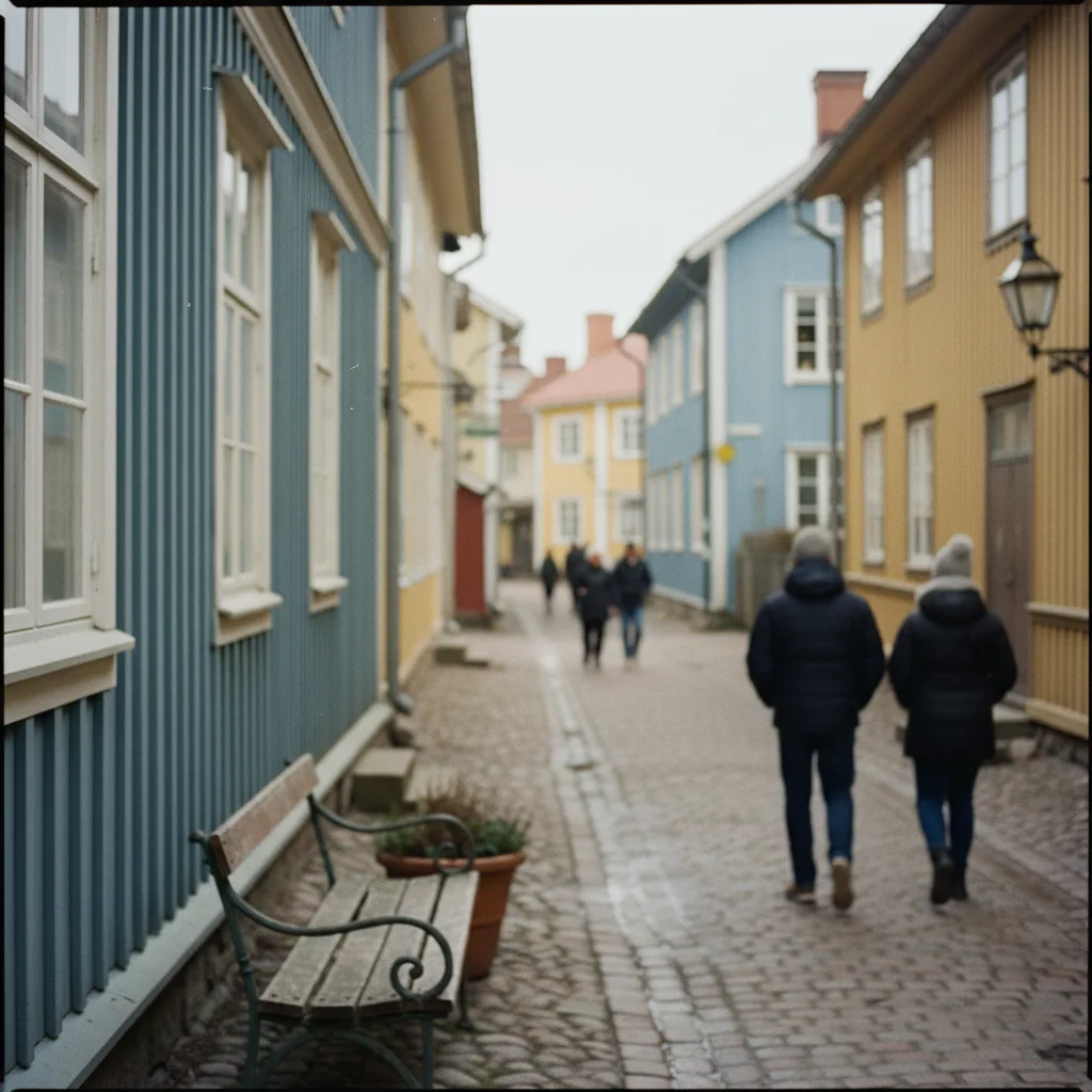 Die schöne Altstadt von Naantali mit bunten Holzhaeusern