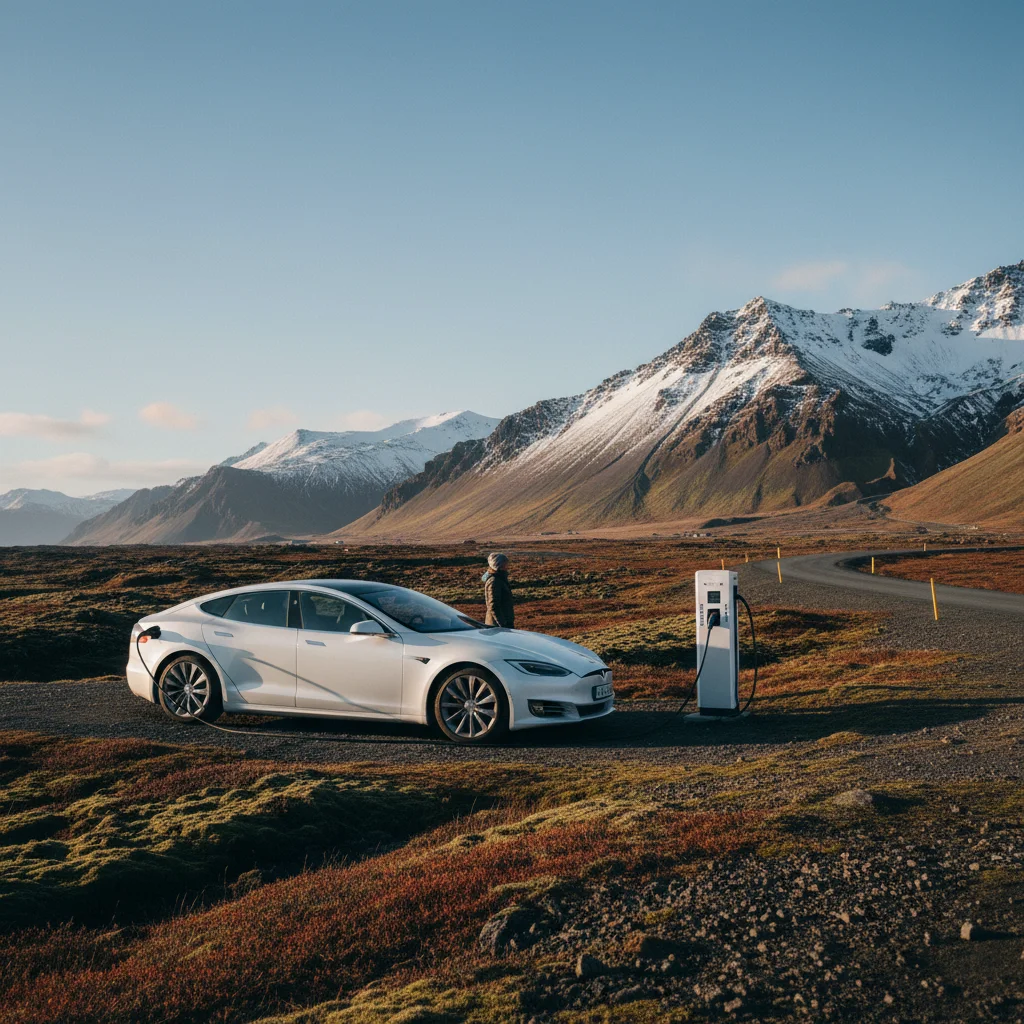 Elektroauto an einer Ladestation auf Island mit Bergpanorama