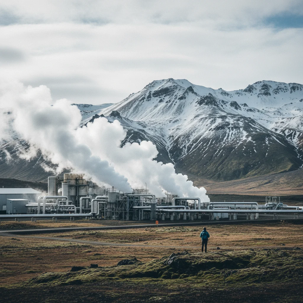 Geothermalkraftwerk auf Island mit Dampfsäulen vor Berglandschaft