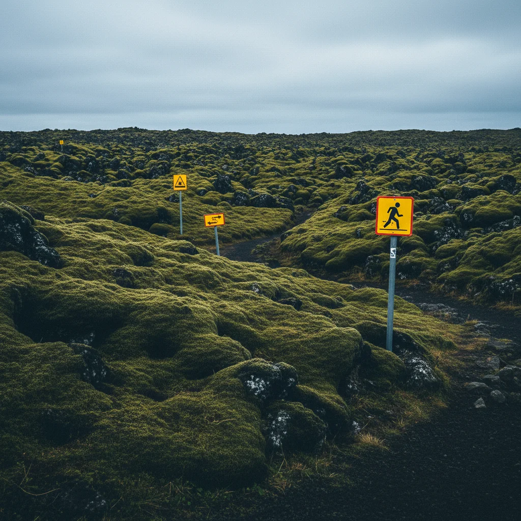 Grünes Moos auf Lavafeld auf Island mit Warnschildern