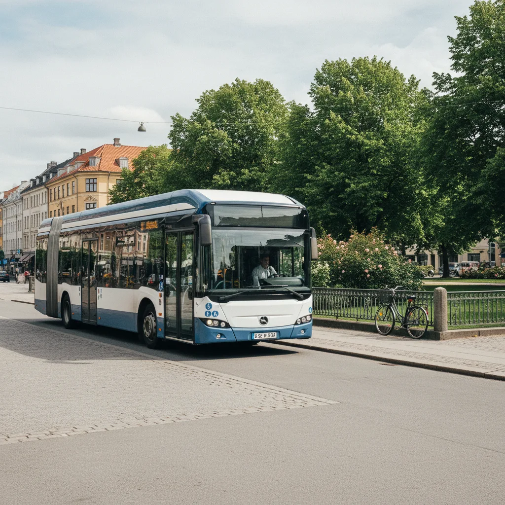 Elektrischer Stadtbus vor einer grünen Parkanlage in einer skandinavischen Stadt