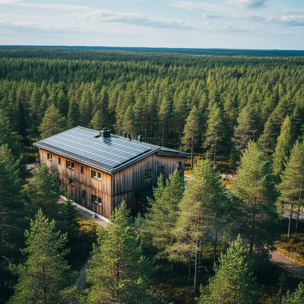 Nachhaltiges Holzhotel in einer skandinavischen Waldlandschaft mit Solarpanelen auf dem Dach