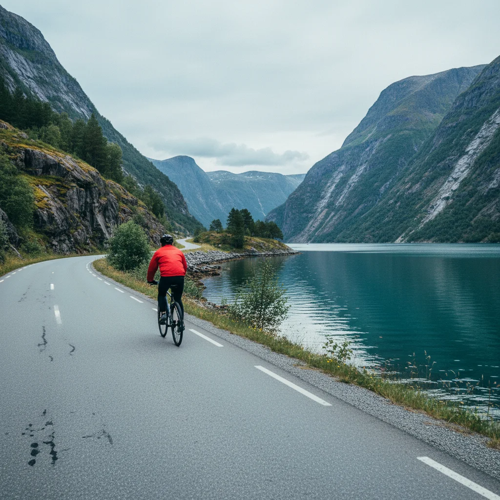 Radfahrer auf einem gut ausgebauten Radweg entlang eines skandinavischen Fjords