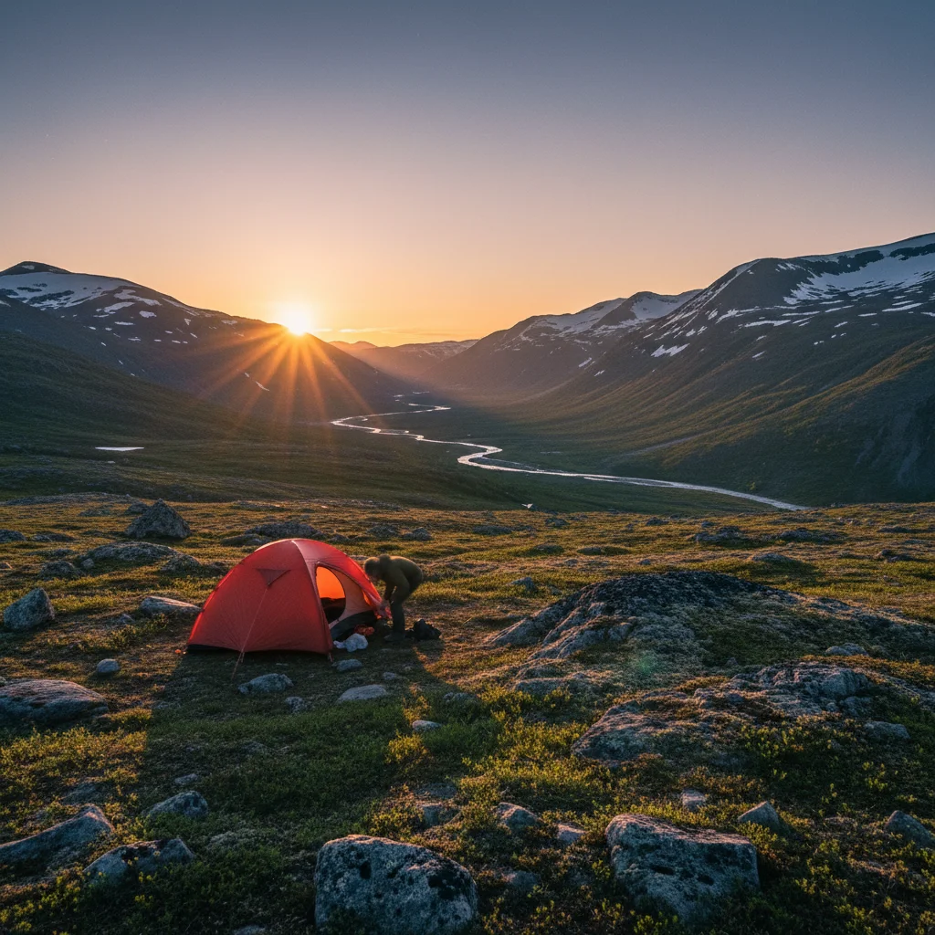 Kleines Zelt in einer skandinavischen Berglandschaft bei Sonnenuntergang, kein Müll sichtbar