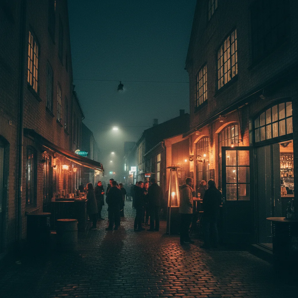 Meatpacking District in Kopenhagen bei Nacht mit beleuchteten Bars