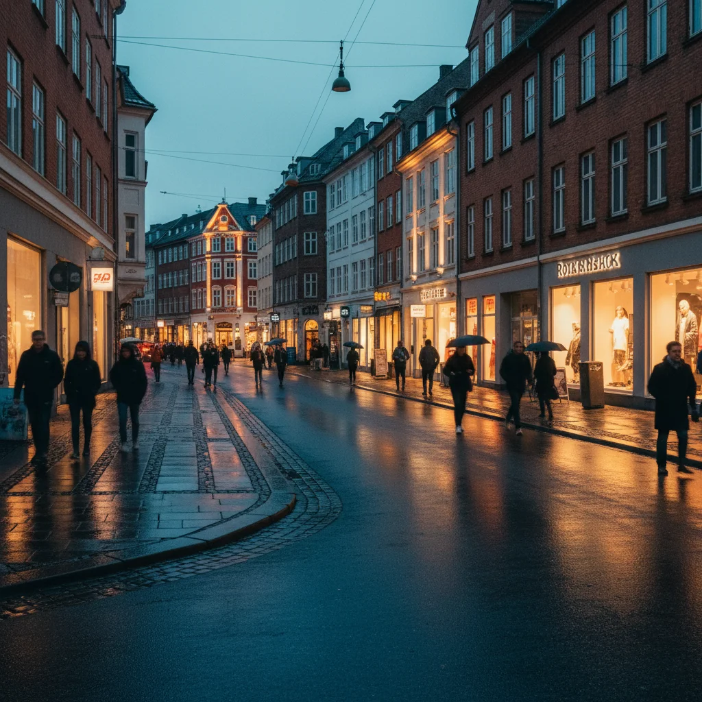 Abendstimmung in Kopenhagen Vesterbro mit beleuchteten Straßen
