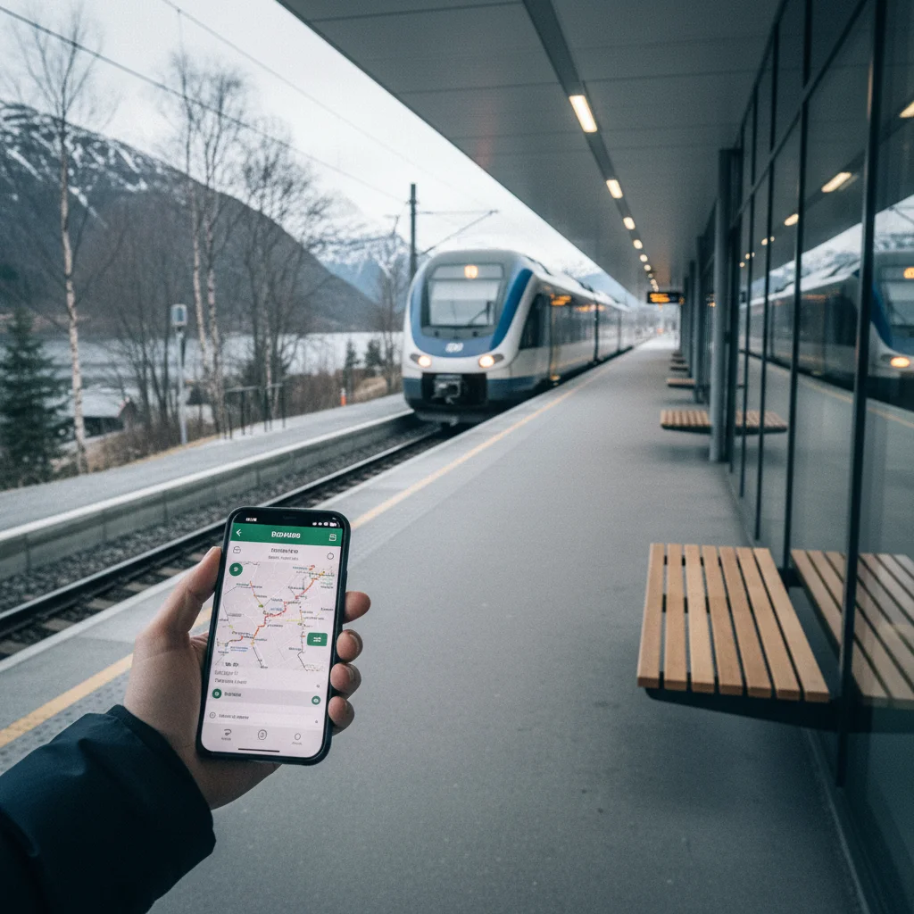 Smartphone mit Zugbuchungs-App am Bahnsteig eines skandinavischen Bahnhofs