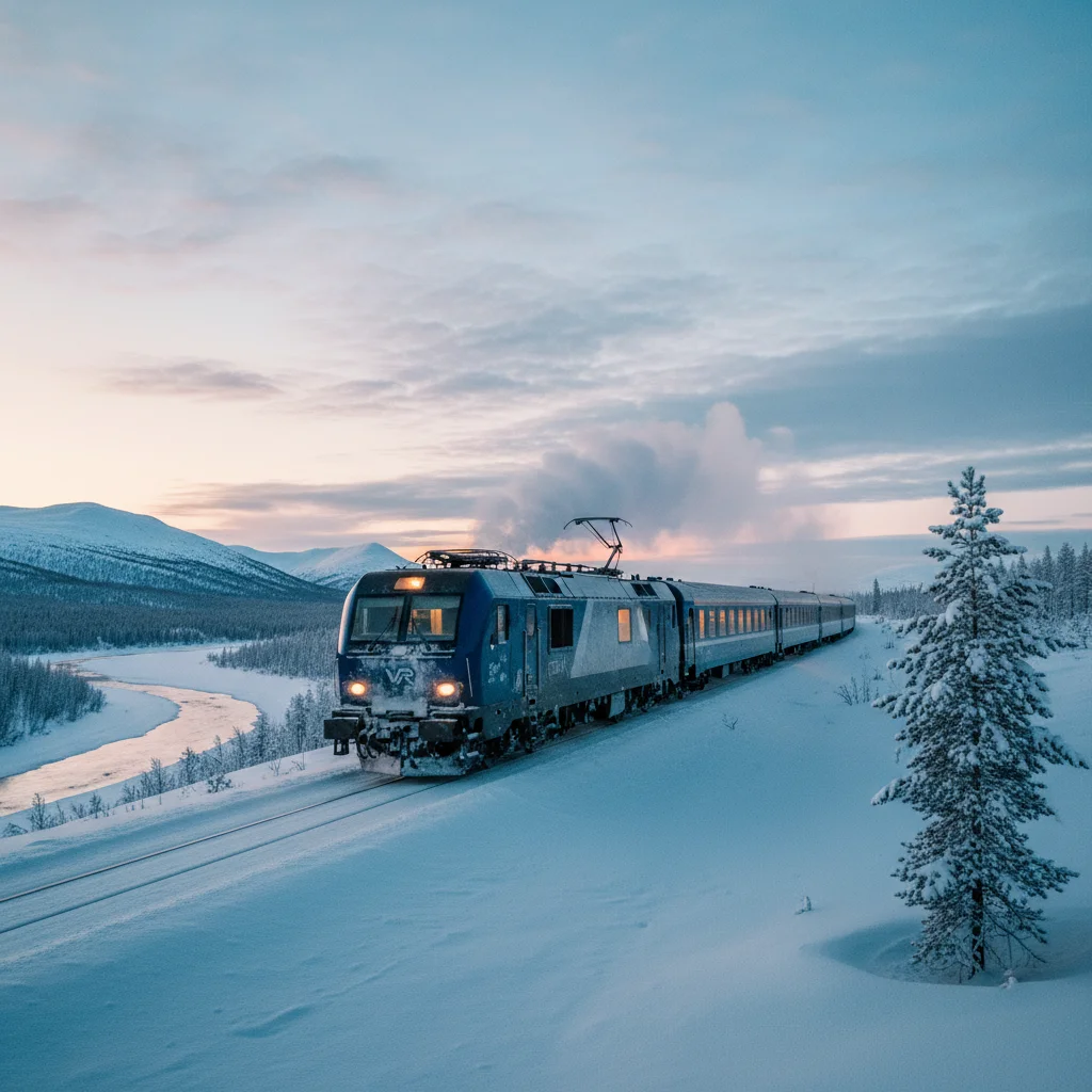 Finnischer VR-Nachtzug im Winterlicht in Lappland