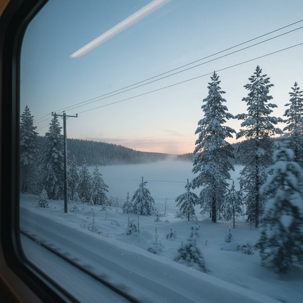 Blick aus dem Nachtzugfenster auf eine verschneite skandinavische Landschaft am Morgen