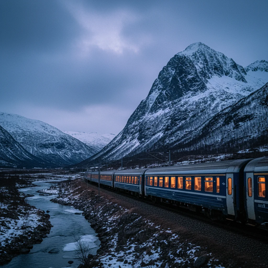 Norwegischer Nachtzug vor Berglandschaft in Nordnorwegen