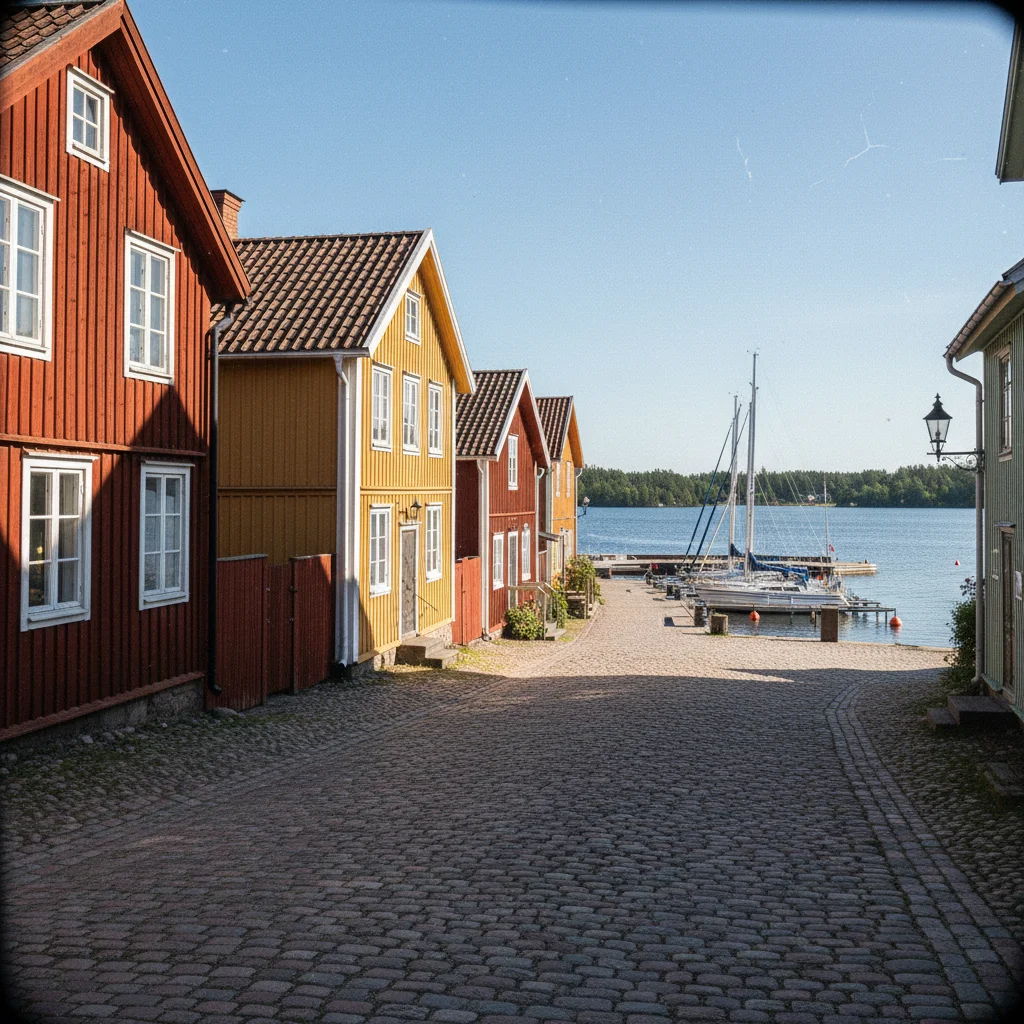 Die Altstadt von Askersund am Vättern mit bunten Holzhäusern und Hafen