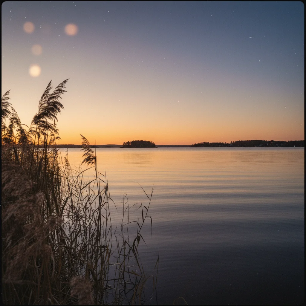 Ruhiges Wasser des Hjälmaren-Sees bei Sonnenuntergang mit Schilf am Ufer