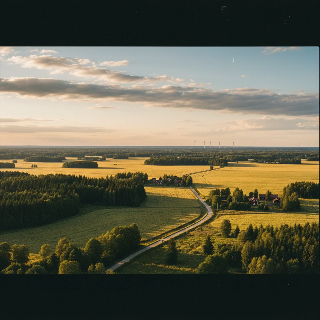 Die flache Ebene von Närke mit Feldern und Wäldern in der Abendsonne