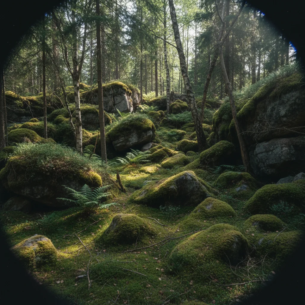 Dichter Wald mit moosbewachsenen Felsen im Nationalpark Tiveden