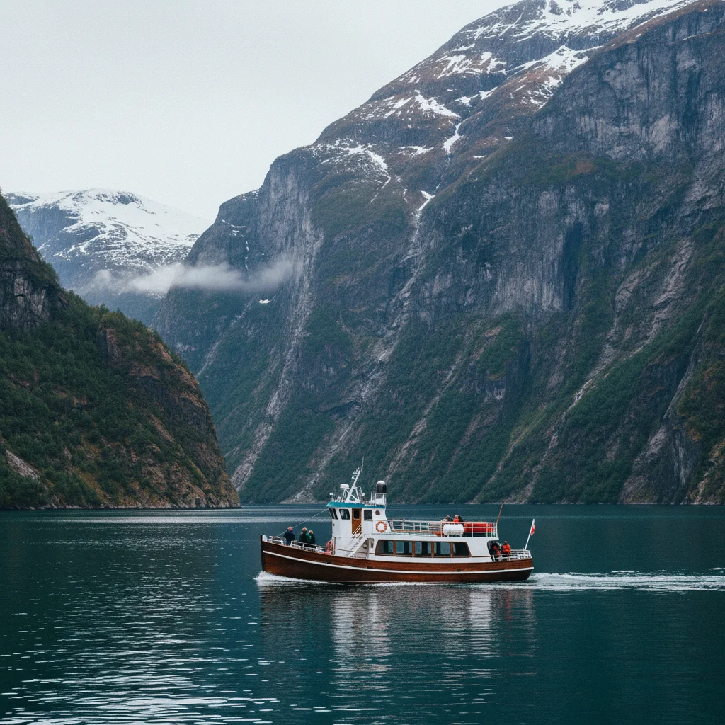 Boot auf dem Nærøyfjord zwischen steilen Felswänden