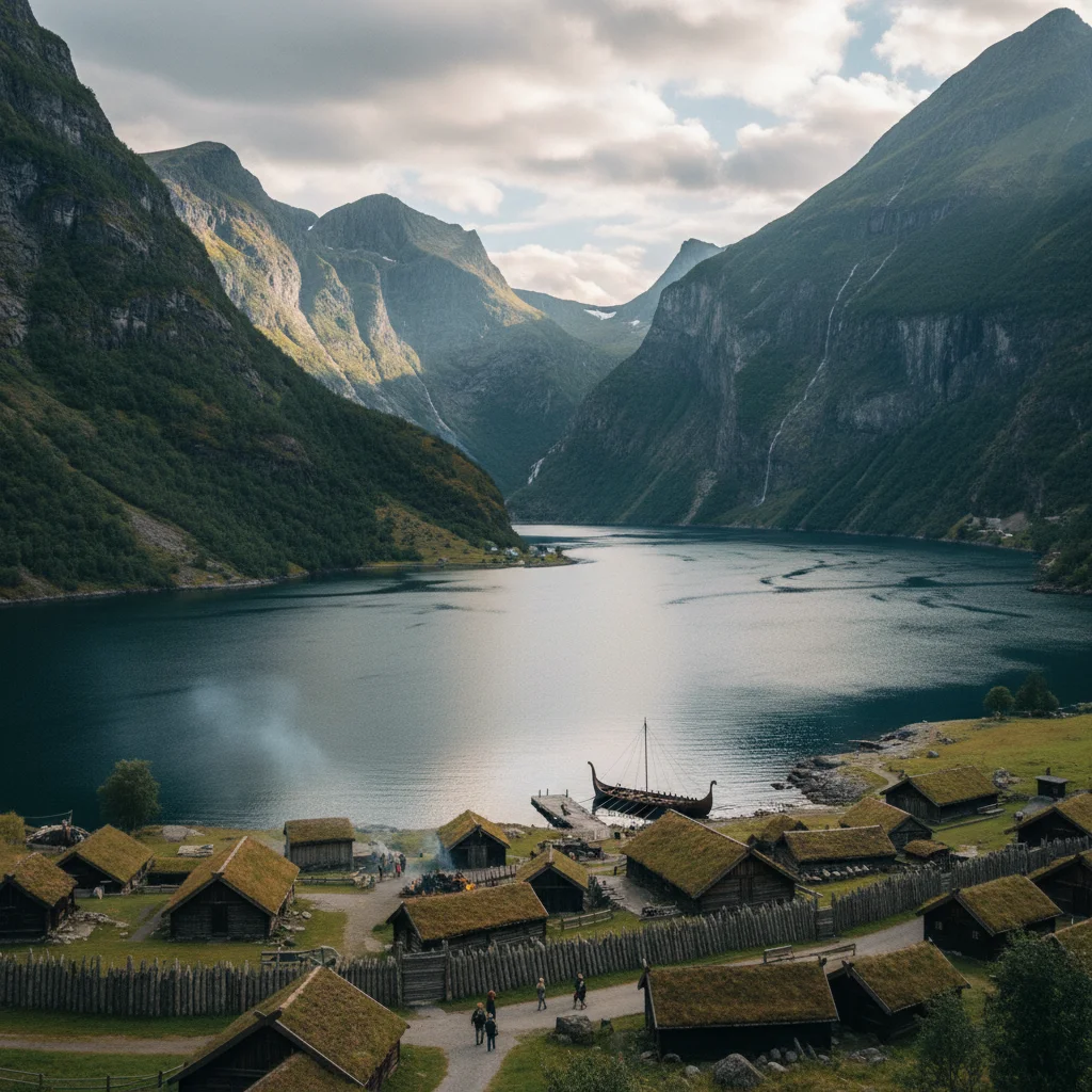 Gudvangen am Ende des Nærøyfjords mit Wikingerdorf