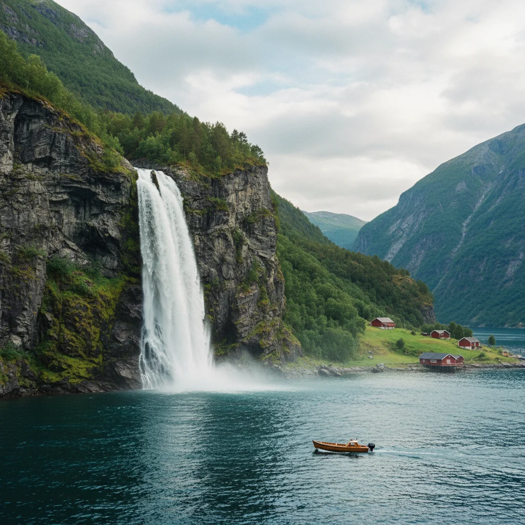 Wasserfall am Nærøyfjord stürzt in den Fjord