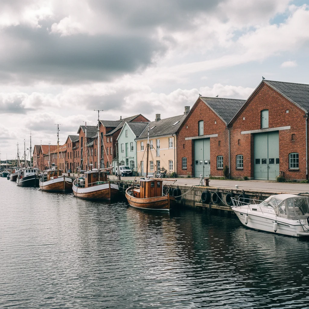 Der Hafen von Næstved am Karrebæk Fjord mit Booten und Lagerhäusern