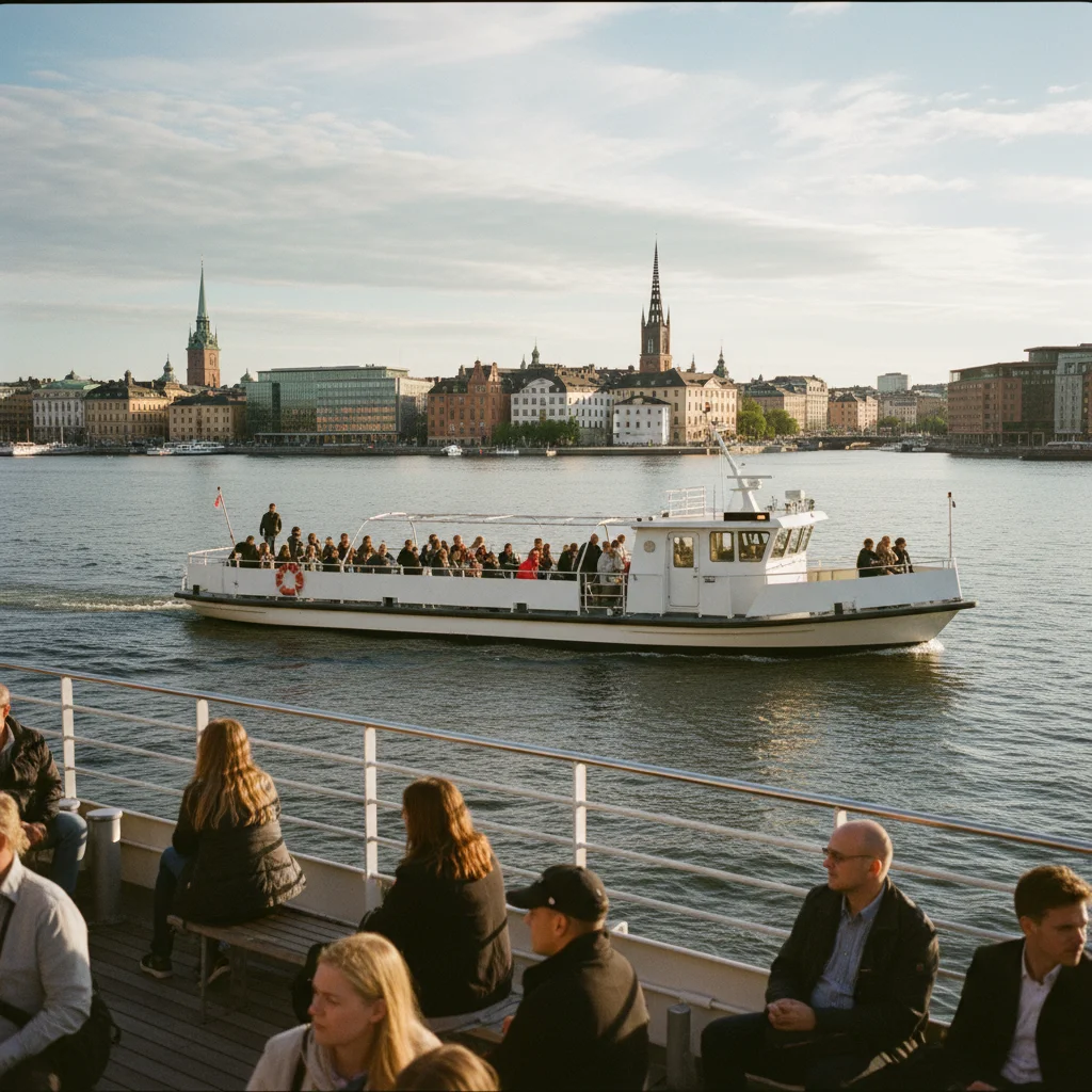 SL-Fähre auf dem Stockholmer Wasser mit Blick auf die Stadt