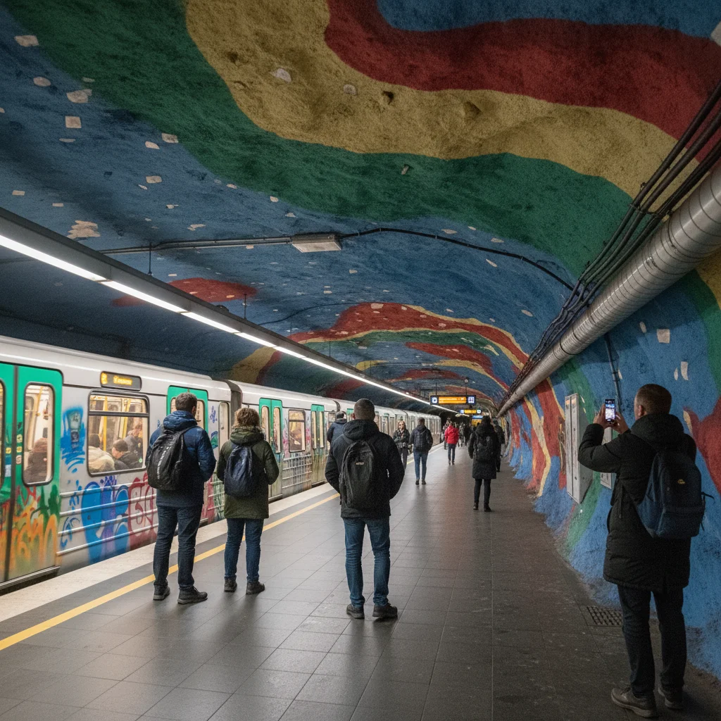 Kunstvolle Gestaltung einer T-Bana Station in Stockholm mit farbigen Felsdecken