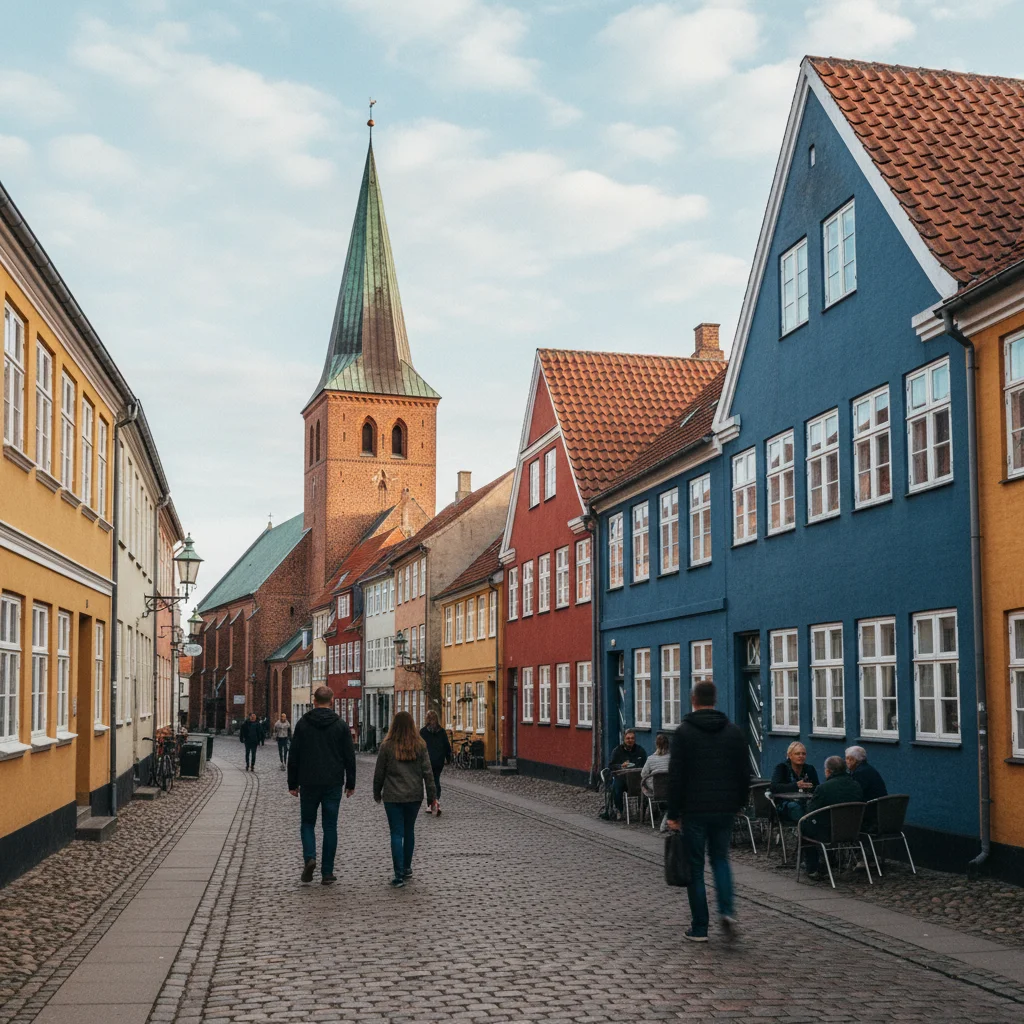 Historische Altstadt von Nakskov mit Fachwerkhäusern und der Nikolaikirche