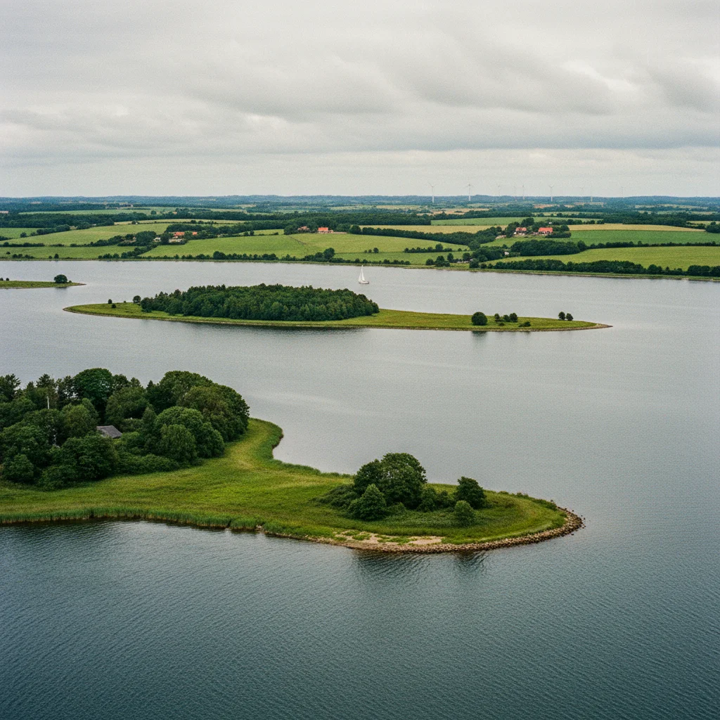 Nakskov Fjord mit Inseln, ruhigem Wasser und grüner Landschaft auf Lolland