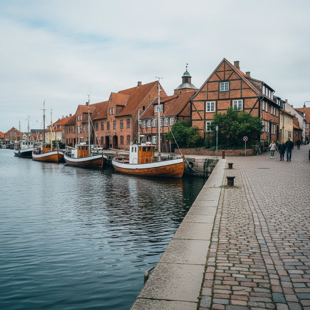 Hafen von Nakskov mit Fischerbooten und historischen Gebäuden