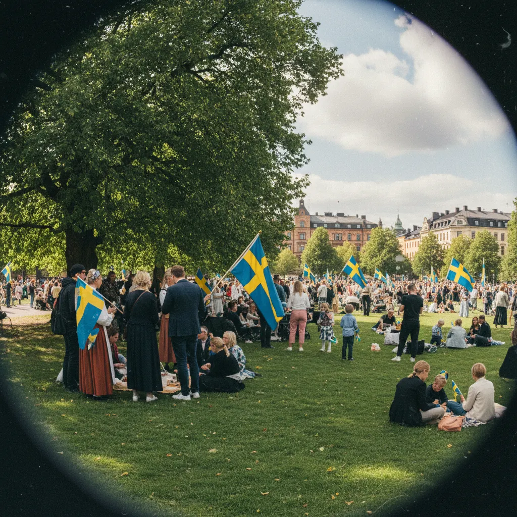 Menschen feiern den schwedischen Nationalfeiertag in einem Park mit Flaggen