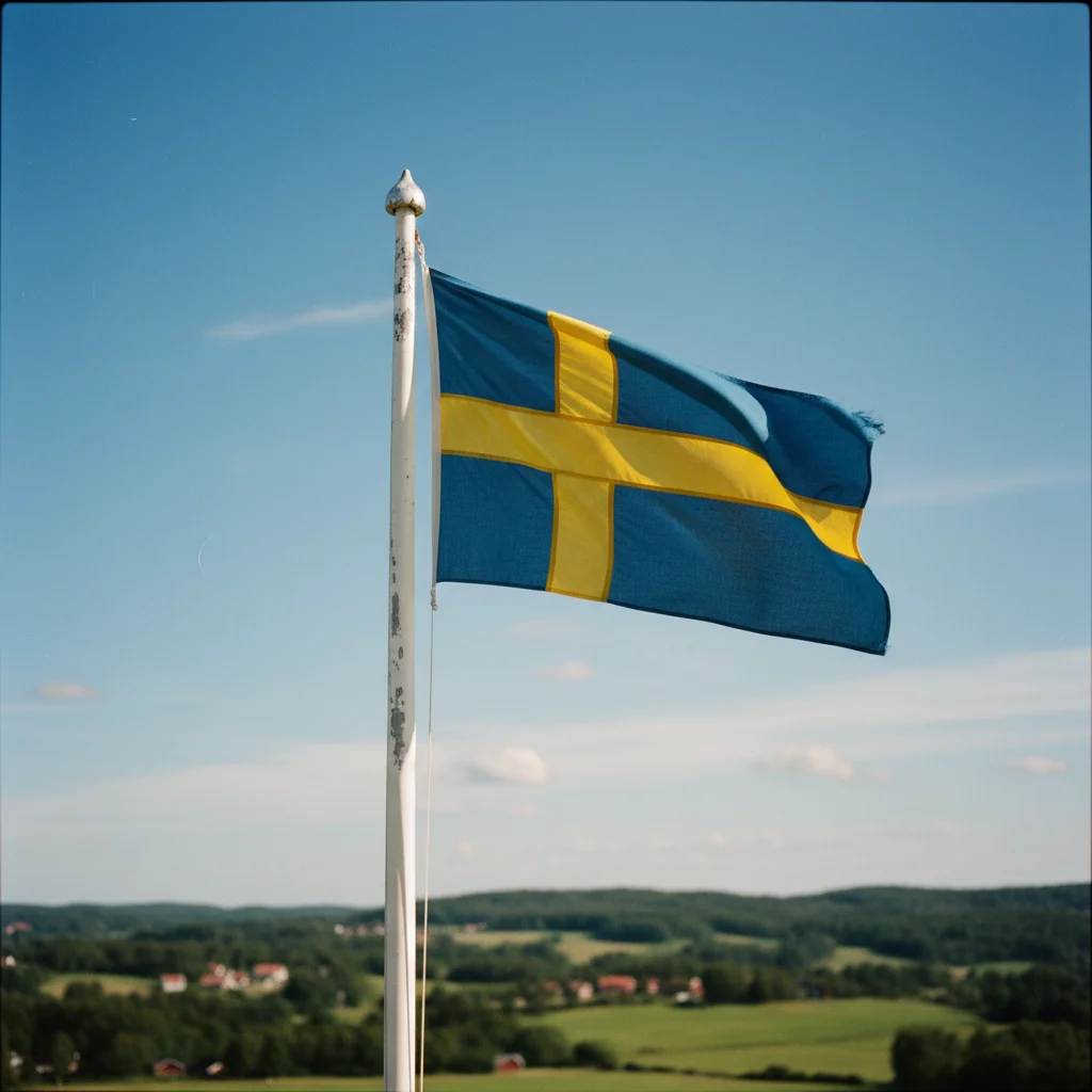 Schwedische Flagge weht an einem weißen Fahnenmast vor blauem Himmel