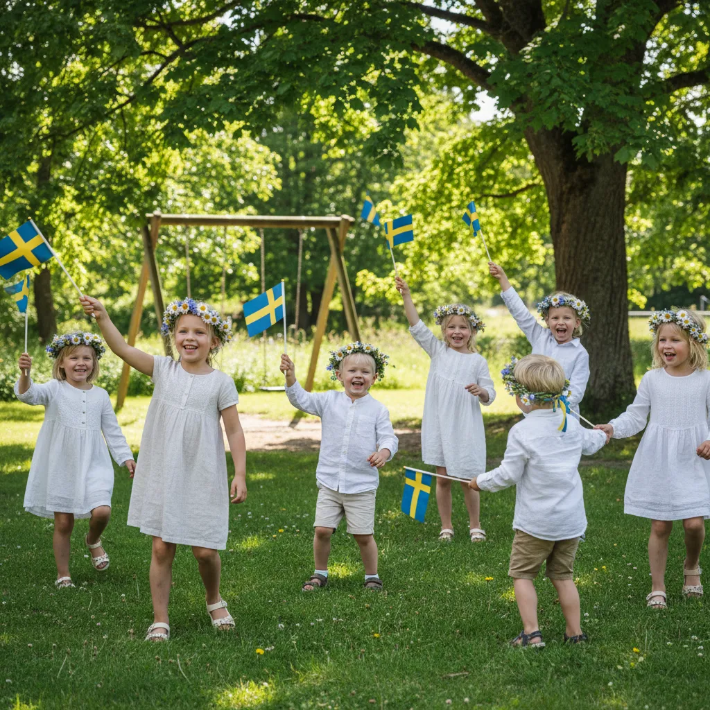 Kinder mit schwedischen Flaggen bei einer Nationaldags-Feier