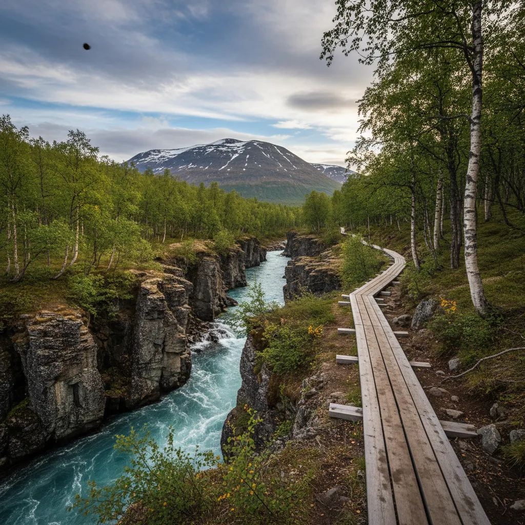 Wanderweg durch den Abisko Nationalpark mit Blick auf den Torneträsk-See und Berge