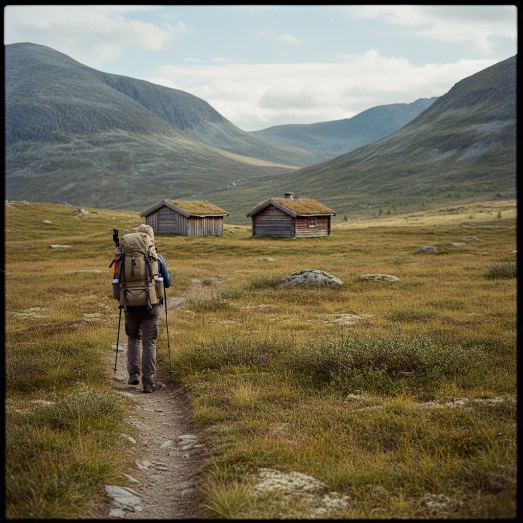 Wanderer auf dem Kungsleden Fernwanderweg mit weitem Blick über das schwedische Fjäll
