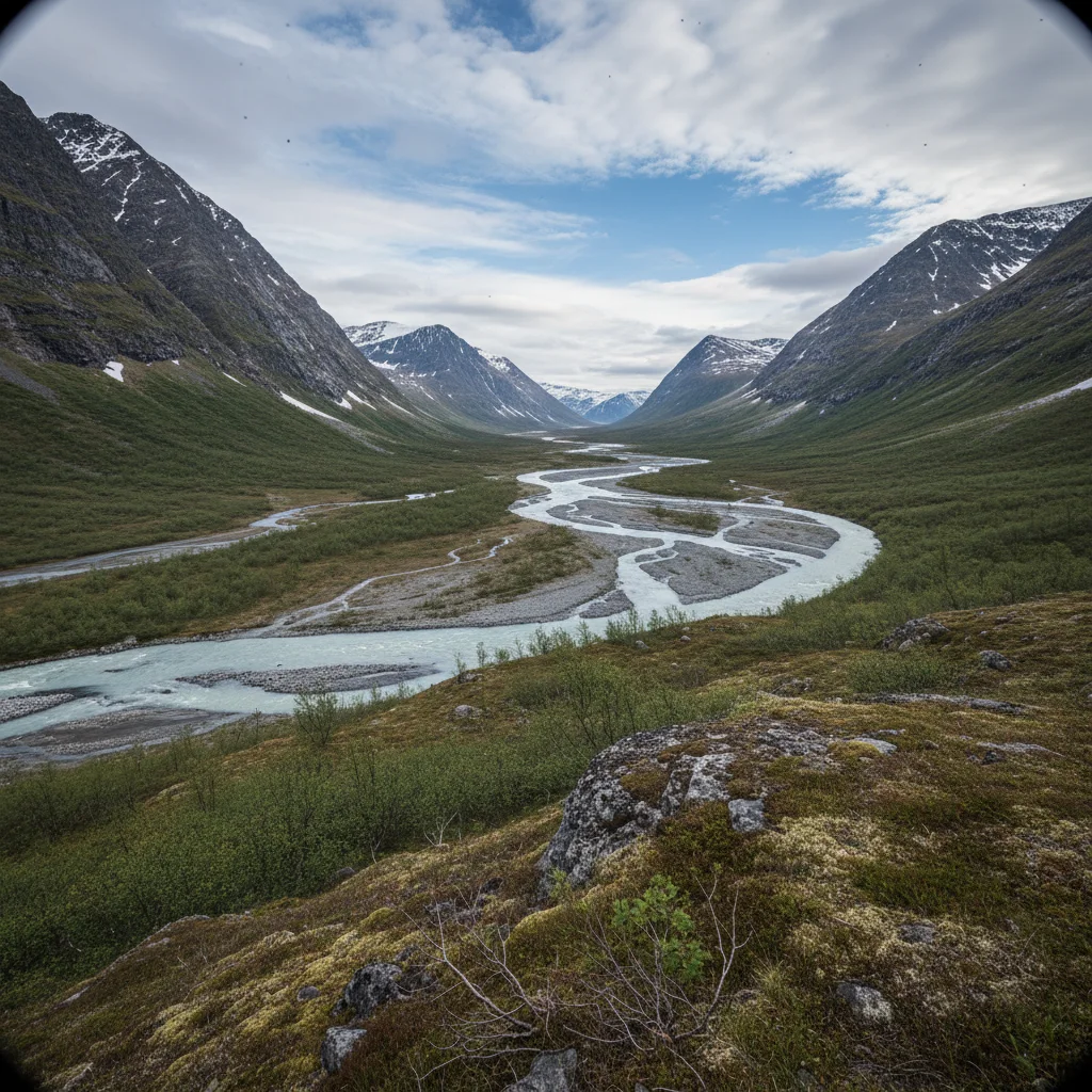 Weite Berglandschaft im Sarek Nationalpark mit Gletschern und grünen Flusstälern