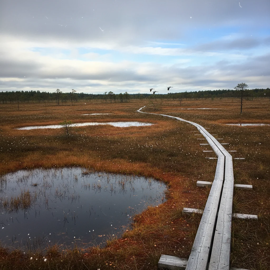 Weitläufige Moorlandschaft im Store Mosse Nationalpark mit Holzstegen und blauem Himmel