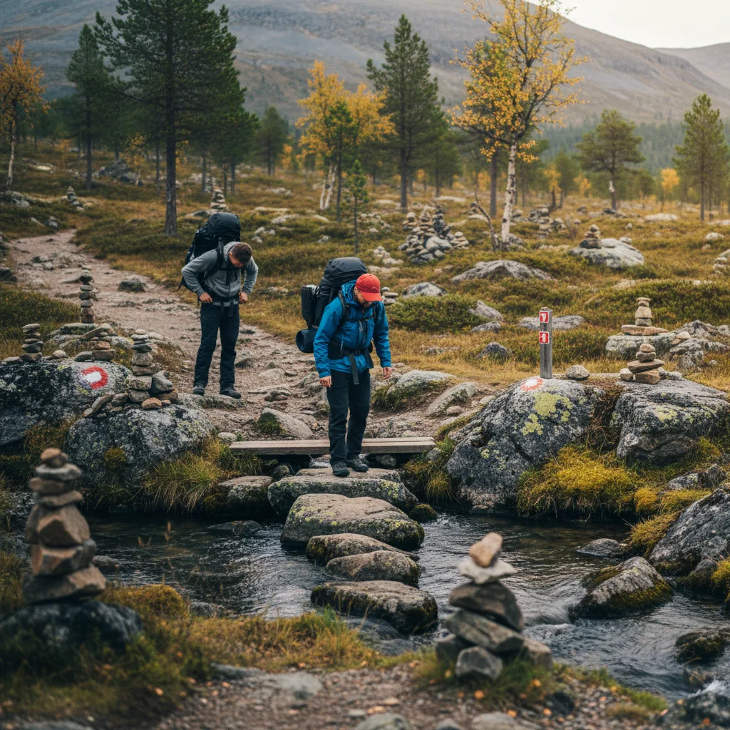 Markierter Wanderweg durch einen moosbedeckten Nadelwald in einem schwedischen Nationalpark
