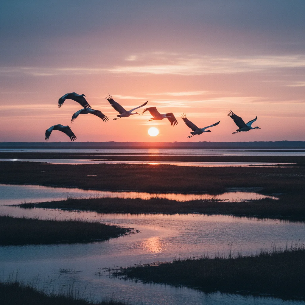 Kraniche im Flug über der Boddenlandschaft bei Sonnenuntergang