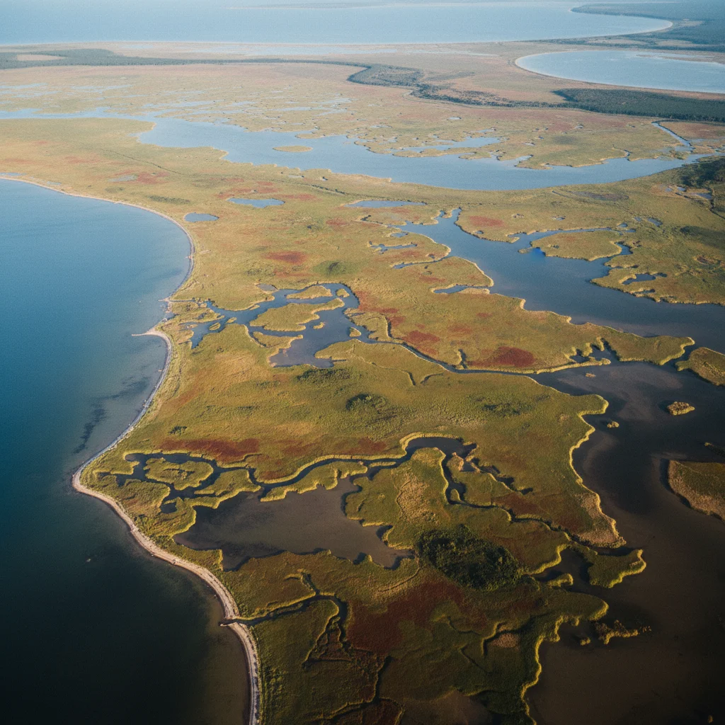 Luftaufnahme der Boddenlandschaft an der Ostsee mit flachen Gewässern und Salzwiesen