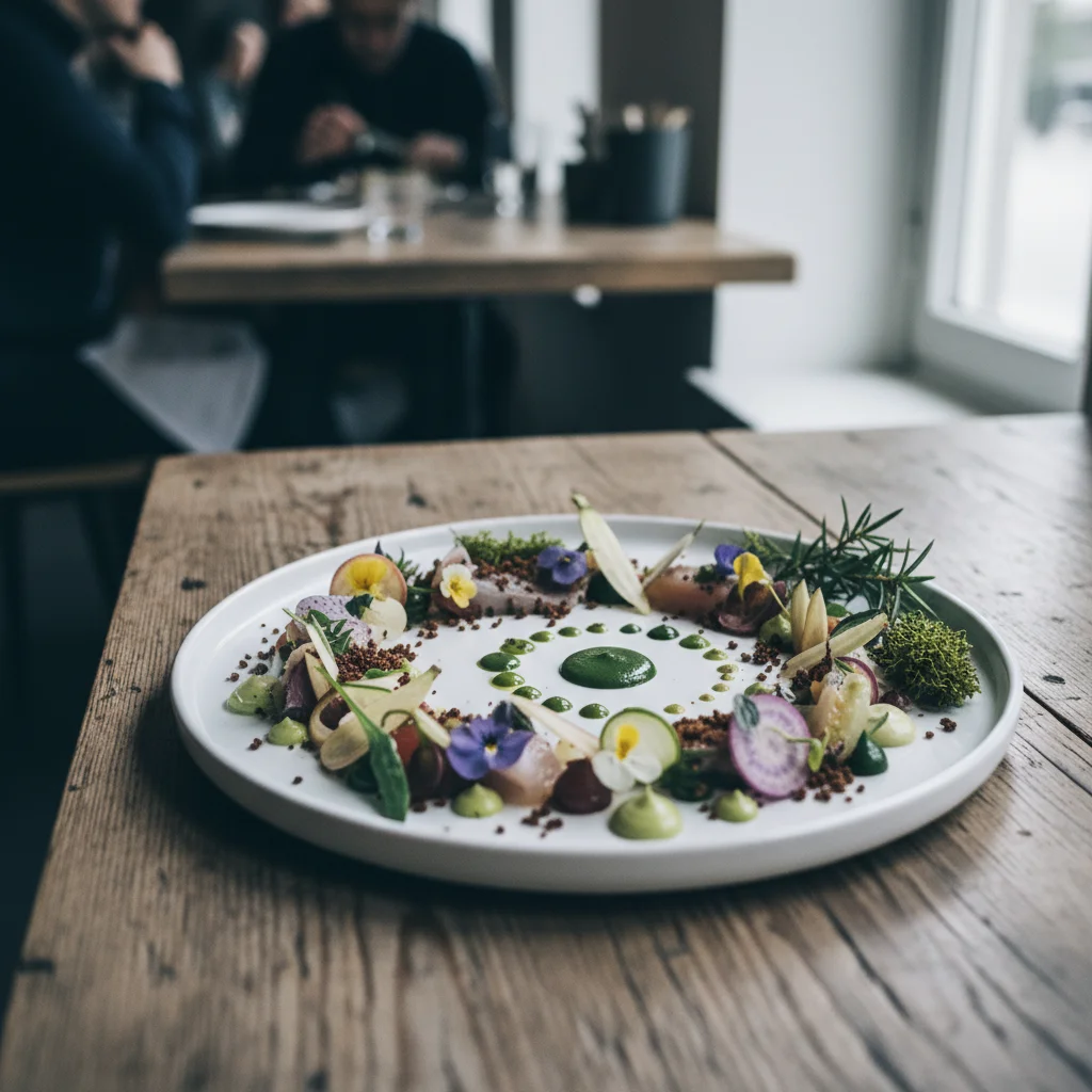 Aufwendig angerichteter Teller im Stil der New Nordic Cuisine