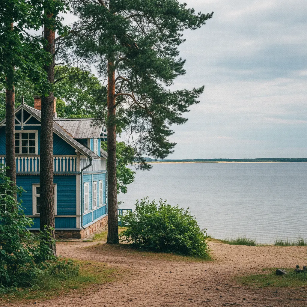 Thomas Manns Sommerhaus in Nida mit Blick auf das Kurische Haff