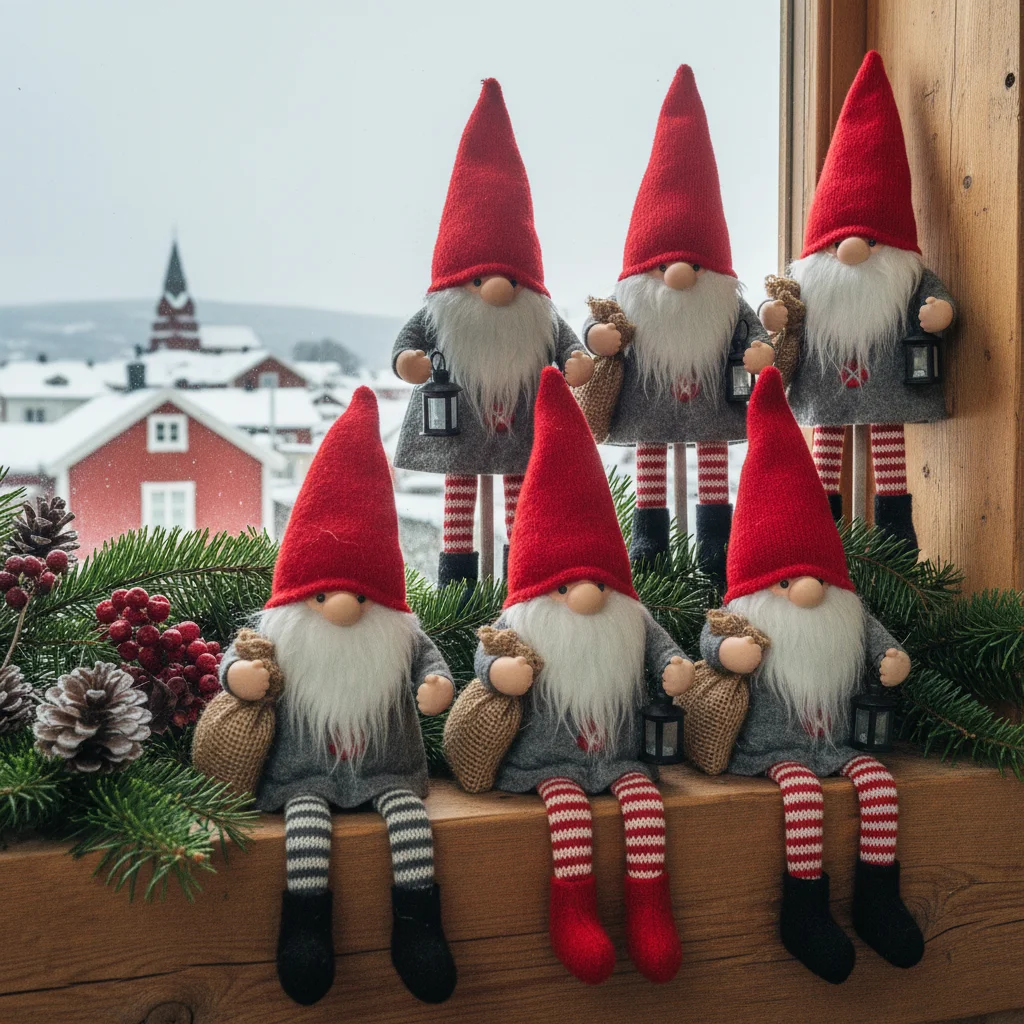 Traditionelle skandinavische Nisse-Figuren als Weihnachtsdekoration