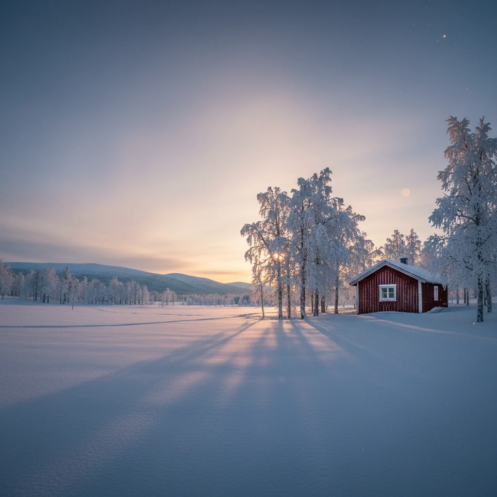 Verschneite Winterlandschaft in Nordfinnland mit Nordlicht