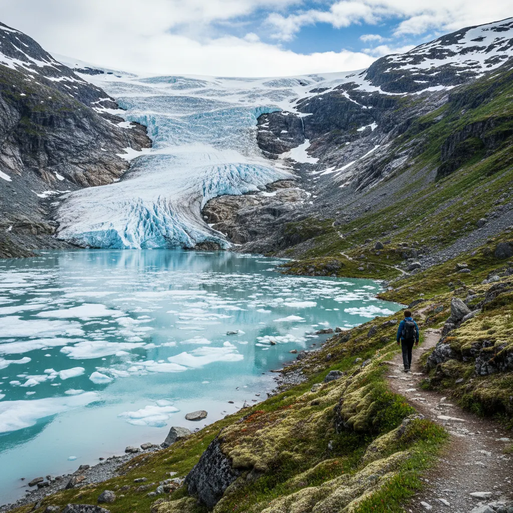 Der Briksdalsbreen-Gletscher mit Gletschersee im Vordergrund