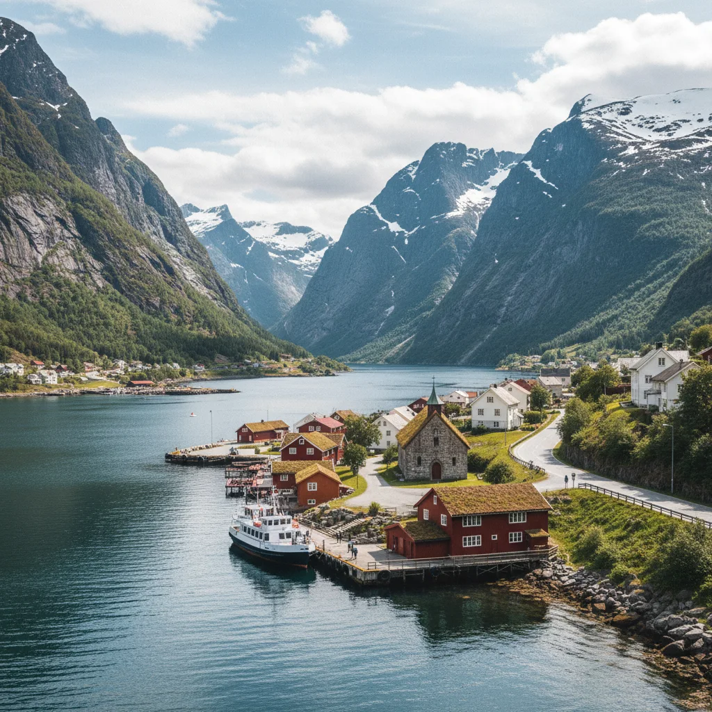 Das Dorf Olden am Nordfjord mit Bergen im Hintergrund