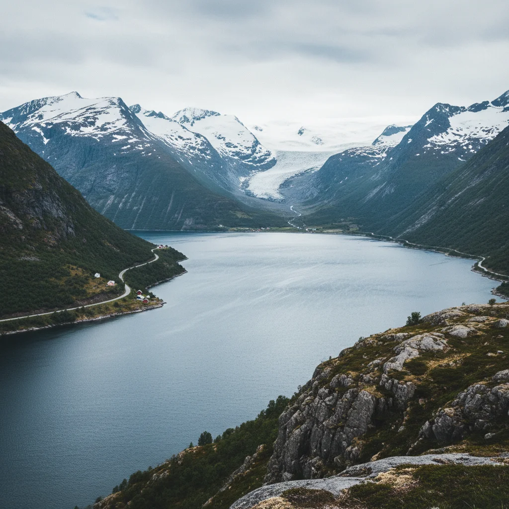 Blick über den Nordfjord mit Bergen und dem Jostedalsbreen im Hintergrund